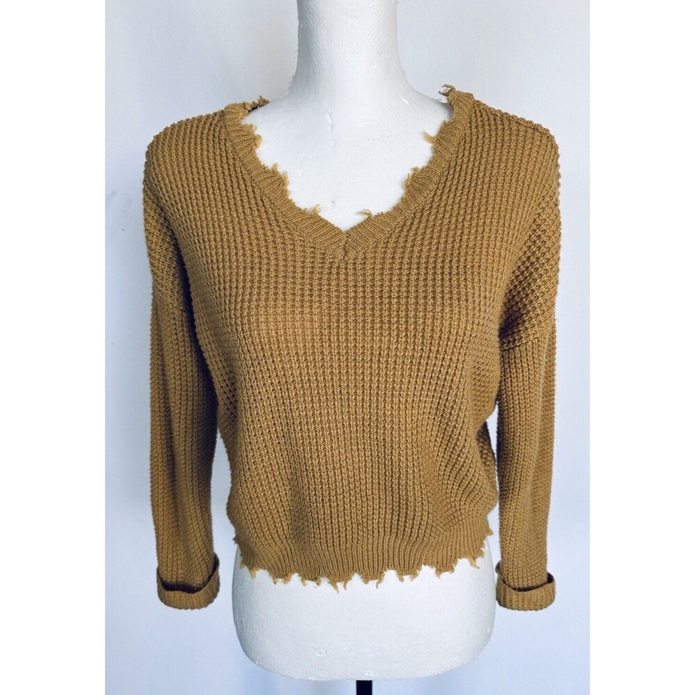 Moon & Madison‎ Frayed Sweater Distressed Cropped Raw Edge Mustard Yellow SM